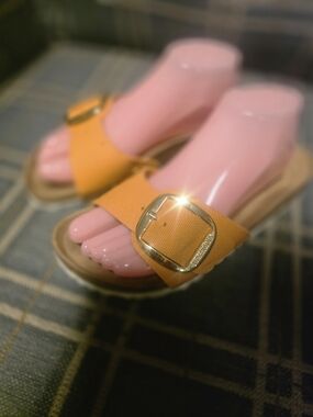 Birkenstock Yellow Slide Sandals with Gold Buckle